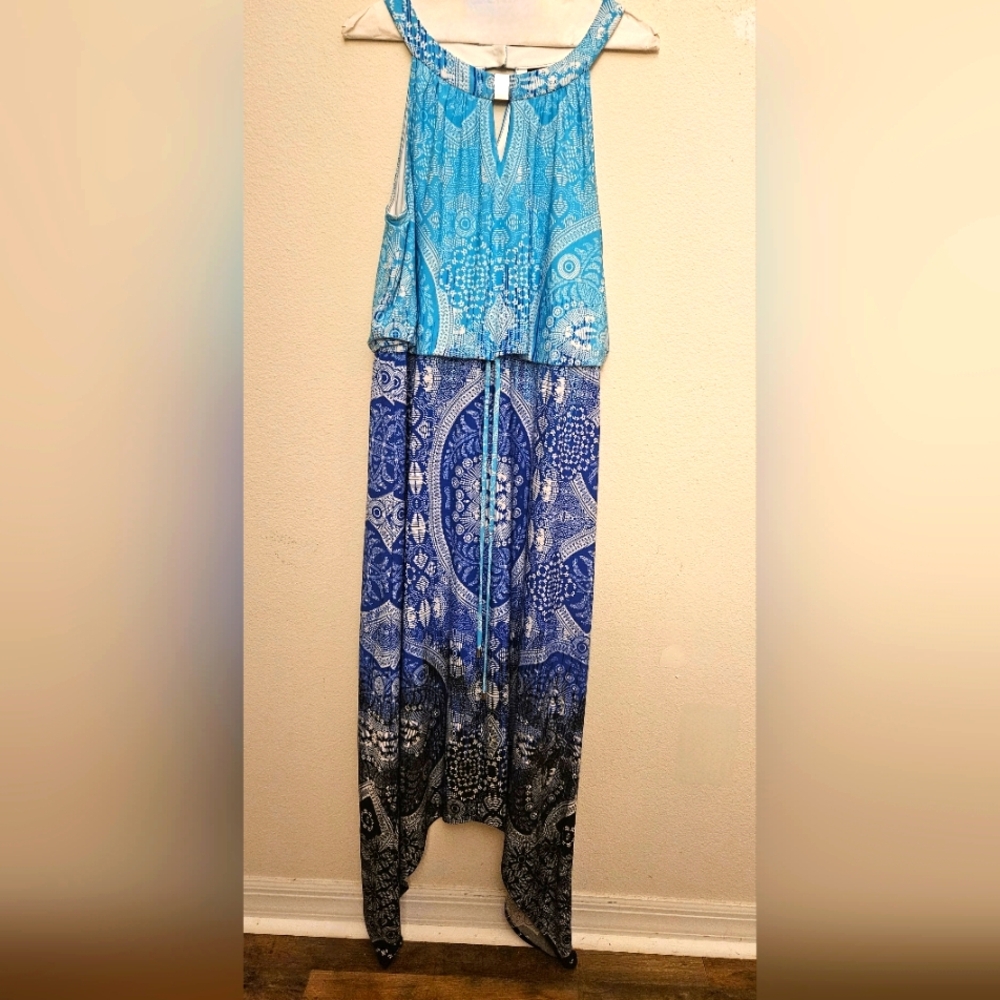 Blue Patterned Sleeveless Dress Med